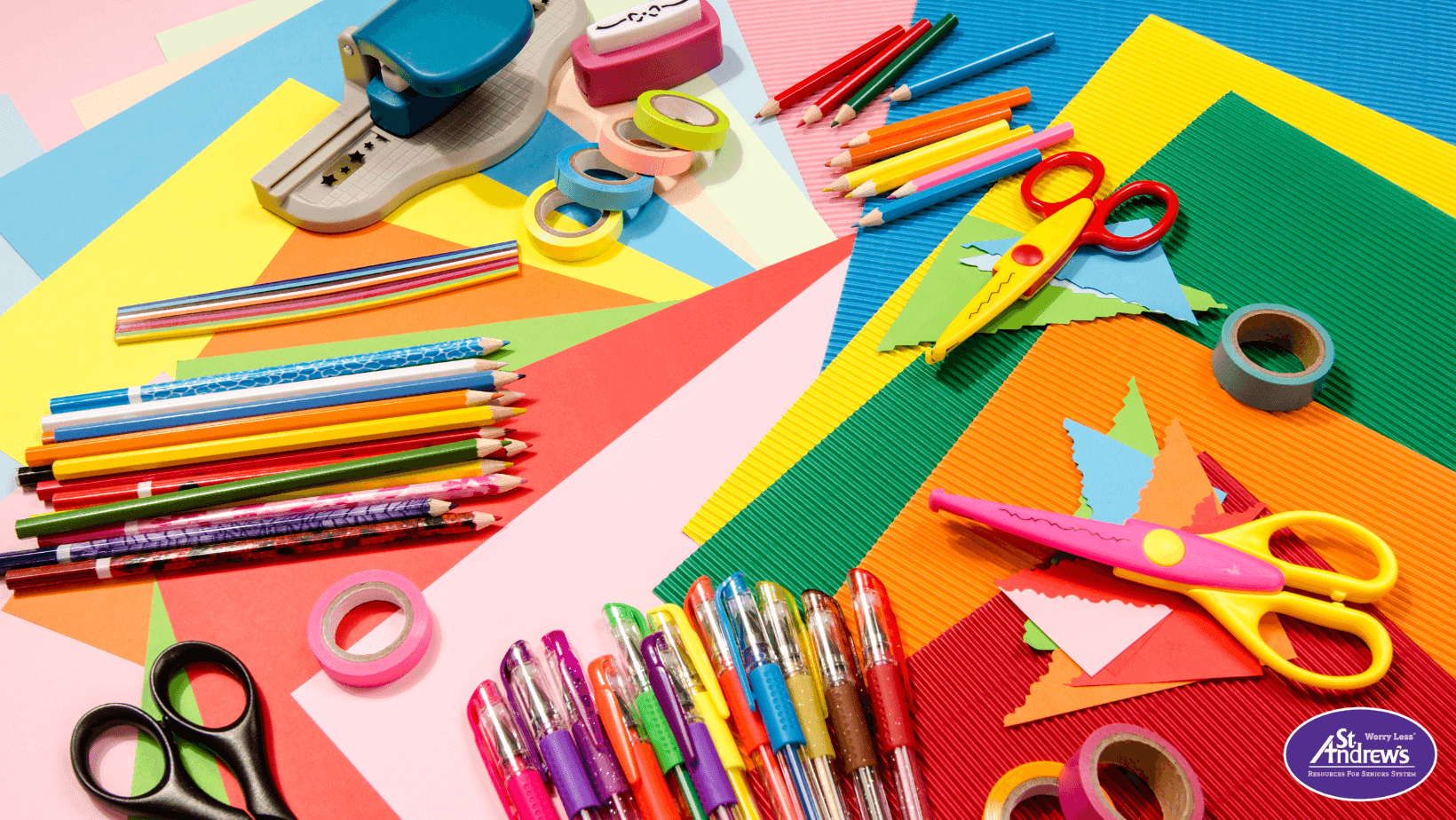 Arts and crafts, colorful paper and scissors with colored pencils
