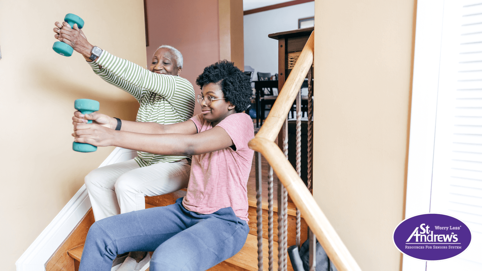 A grandma and grandchild lifting weights while sitting on stairs